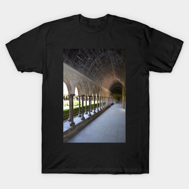 A long hallway open to the garden at Mont Saint-Michel - the castle inspiration for Tangled T-Shirt by tziggles